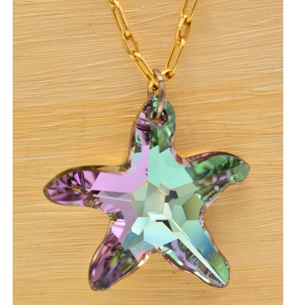Vintage Crystal Starfish Necklace Pendant Sparkling Purple Aurora Borealis Bin1